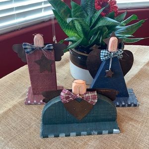 Set of Rustic Country Wooden Angels w/ metal wings